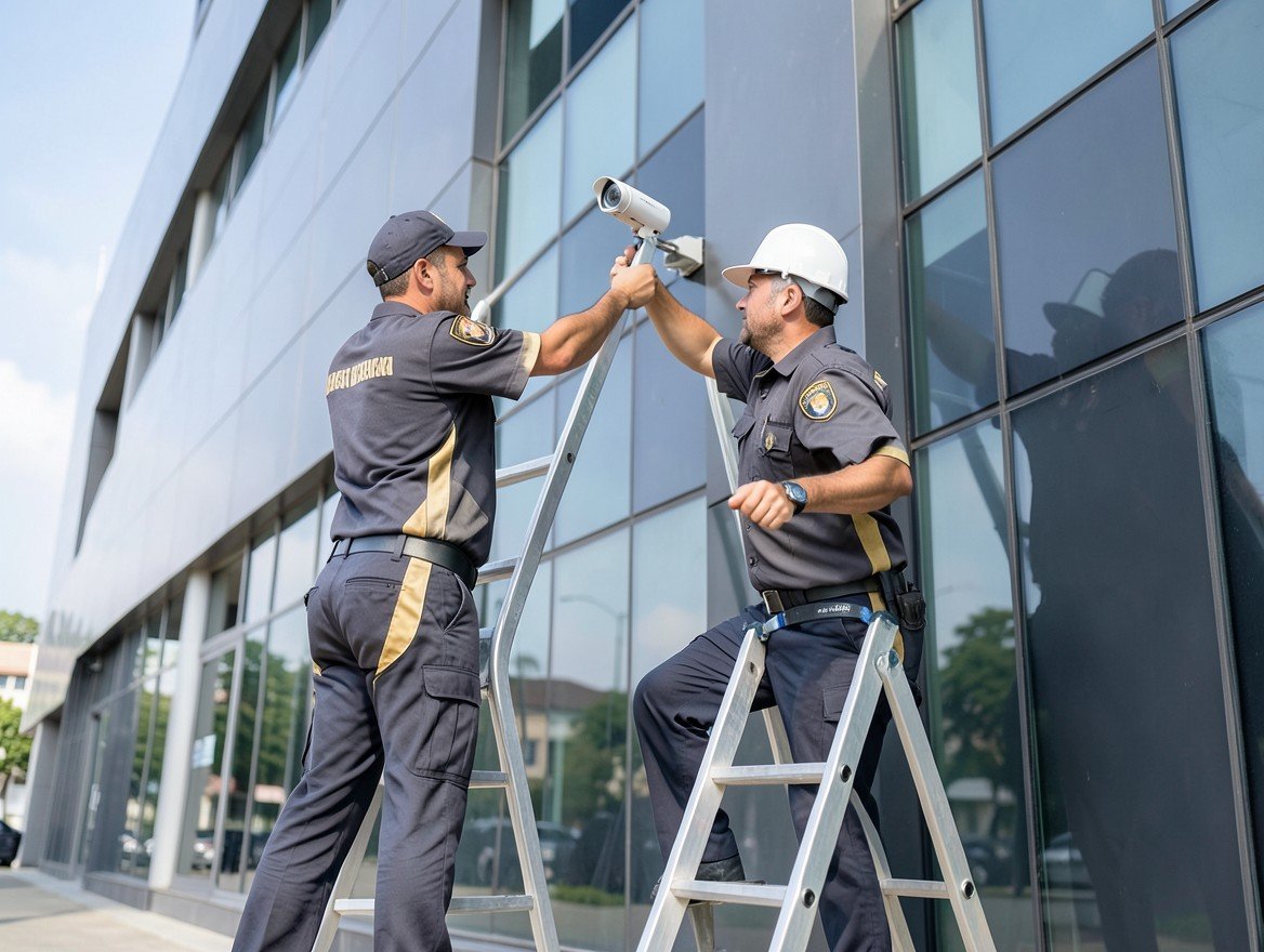 Técnicos instalando una cámara de seguridad en un edificio